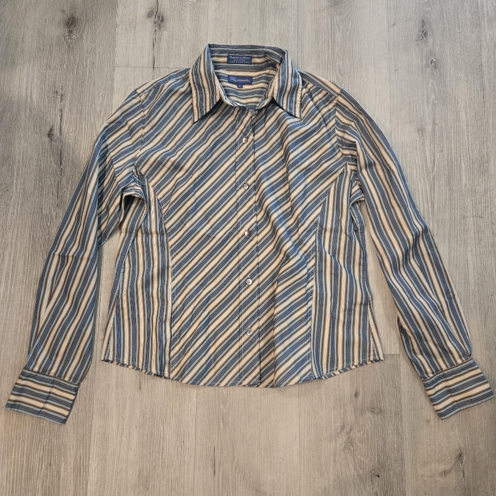 Faconnable Striped Button Down Blouse Womens Size Large 100% Cotton